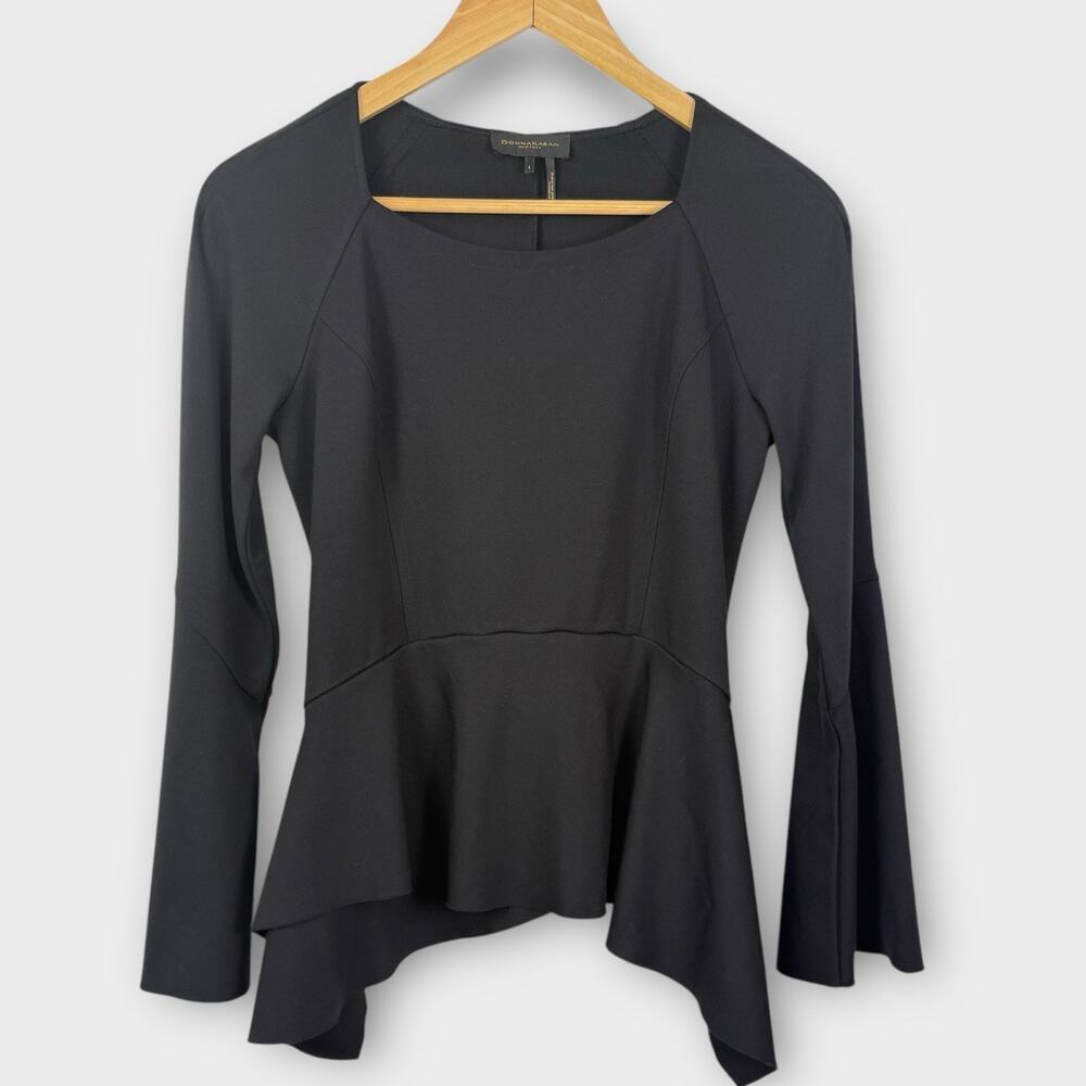 Donna Karan Top Size Small Black Asymmetric Hem Flared Sleeves Stretch